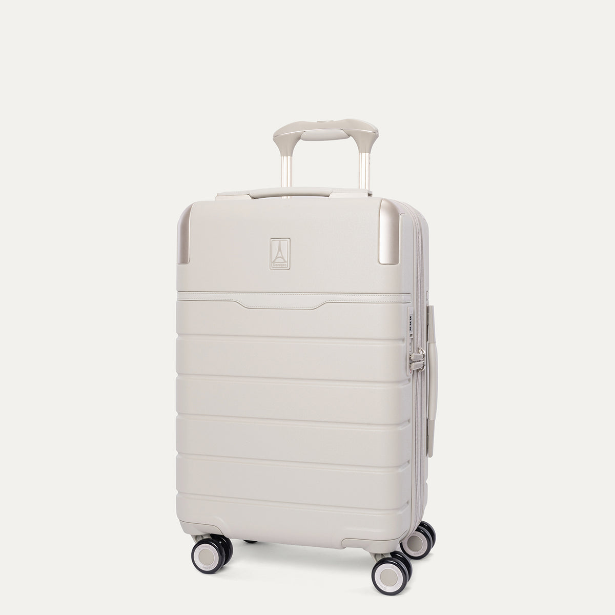 Three-quarter front view of the Compact Carry-On from the Travelpro Platinum Reserve Compact Carry-On / Large Check-In Hardside Set in Sandstone