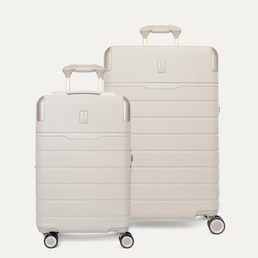 Travelpro Platinum Reserve Compact Carry-On / Medium Check-In Hardside Set in Sandstone, both pieces shown together