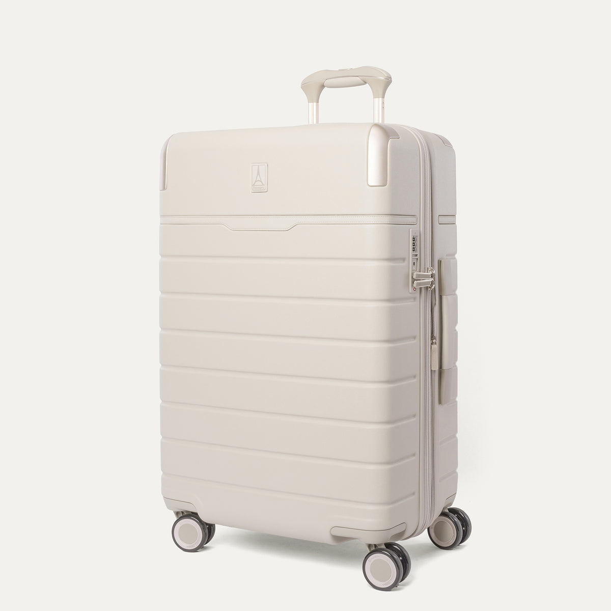 Three-quarter front view of the Medium Check-In from the Travelpro Platinum Reserve Compact Carry-On / Medium Check-In Hardside Set in Sandstone