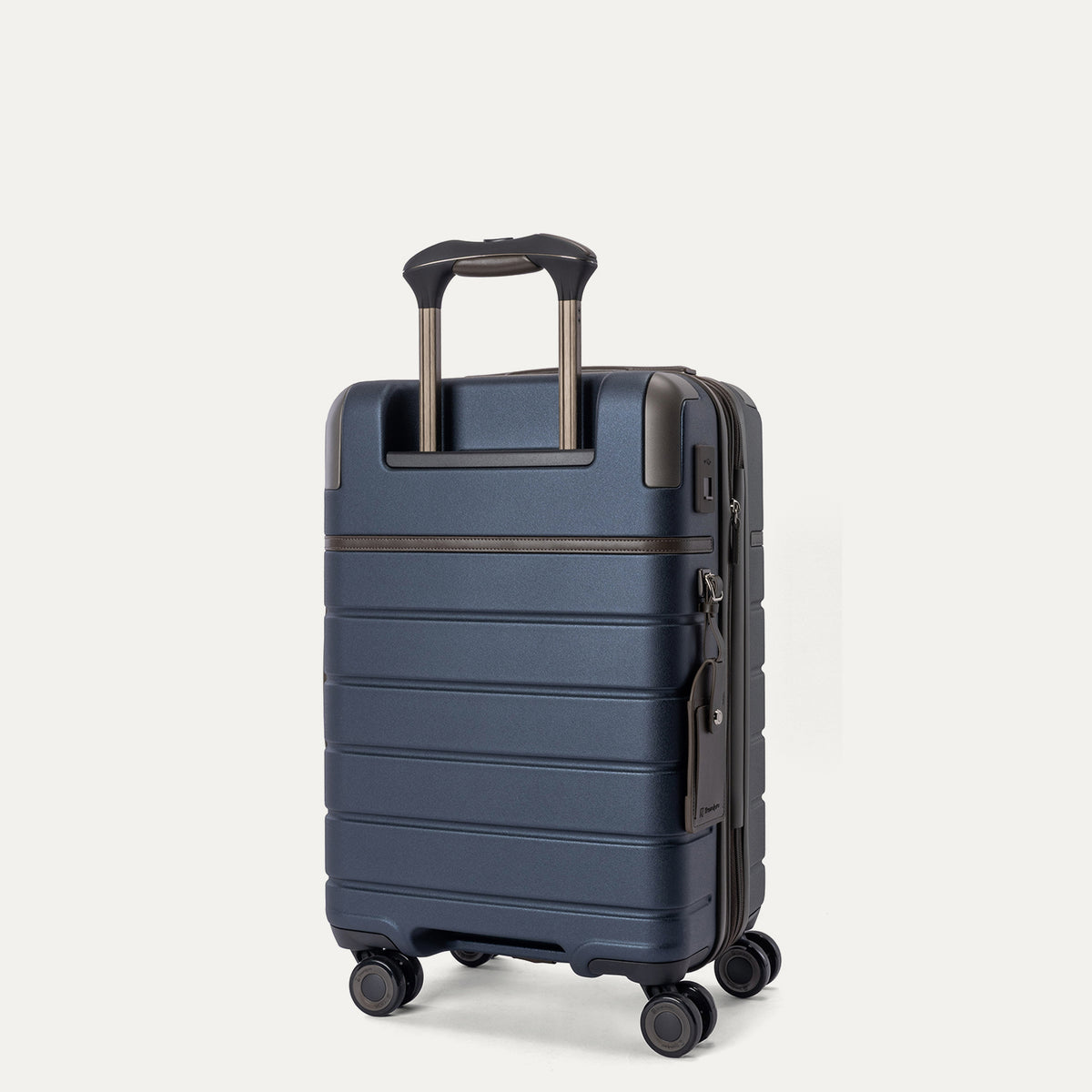 Rear angled view of the Compact Carry-On from the Travelpro Platinum Reserve Compact Carry-On / Medium Check-In Hardside Set in Midnight Trail
