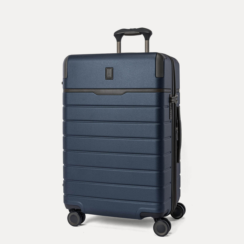 Three-quarter front view of the Medium Check-In from the Travelpro Platinum Reserve Compact Carry-On / Medium Check-In Hardside Set in Midnight Trail