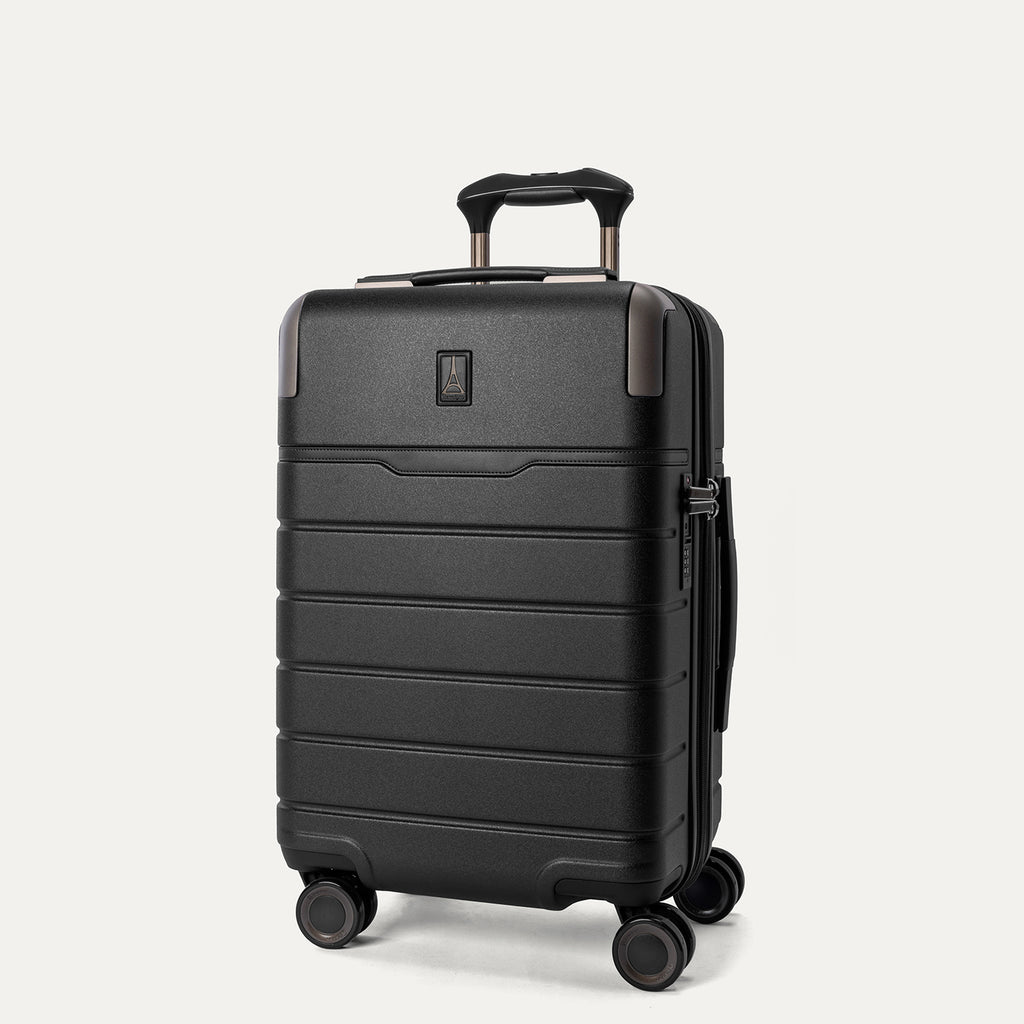 Three-quarter front view of the Carry-On from the Travelpro Platinum Reserve Carry-On / Medium / Large Hardside Set in Black Dust