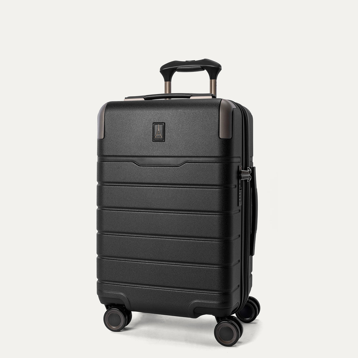 Three-quarter front view of the Carry-On from the Travelpro Platinum Reserve Carry-On / Medium / Large Hardside Set in Black Dust