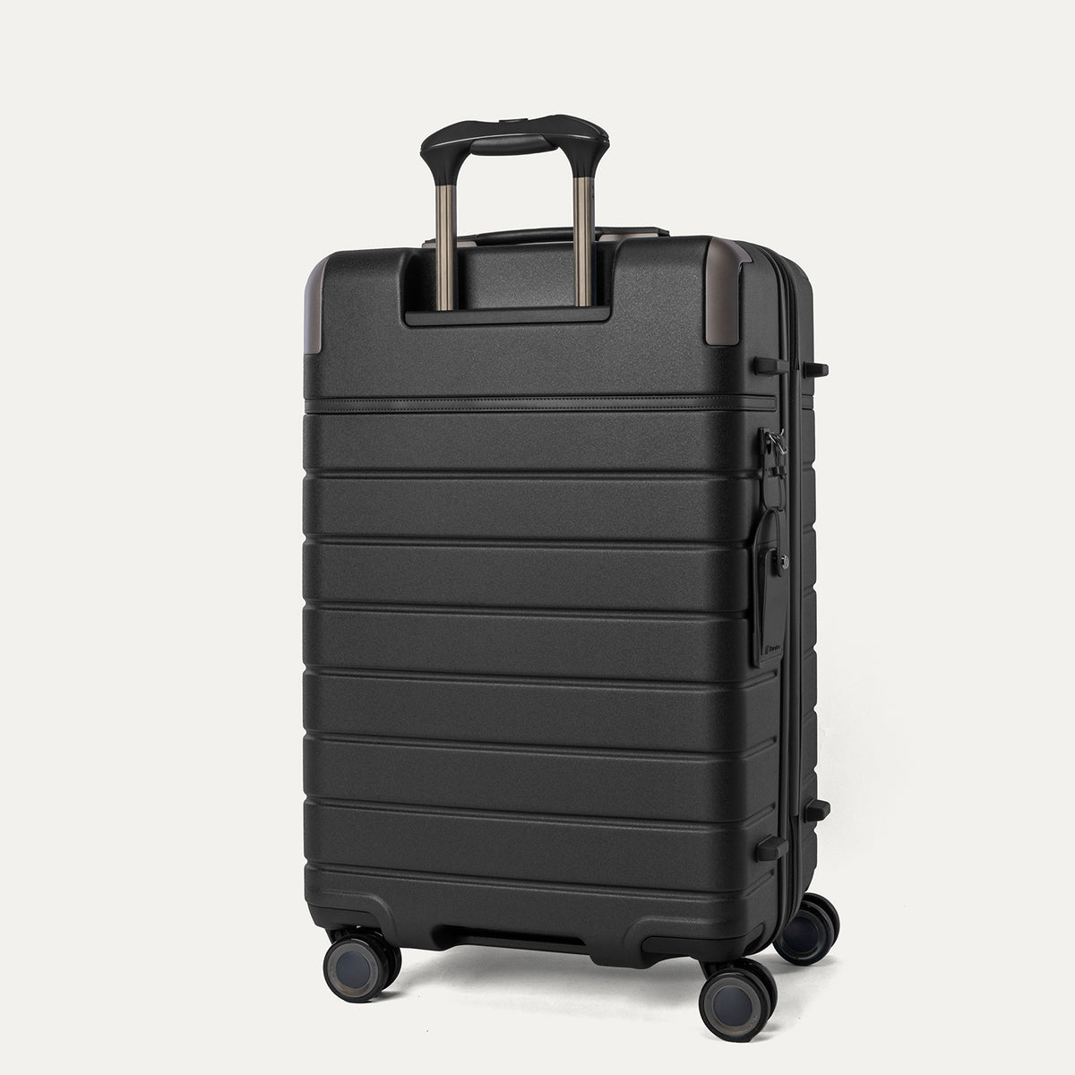 Rear angled view of the Medium Check-In from the Travelpro Platinum Reserve Carry-On / Medium / Large Hardside Set in Black Dust