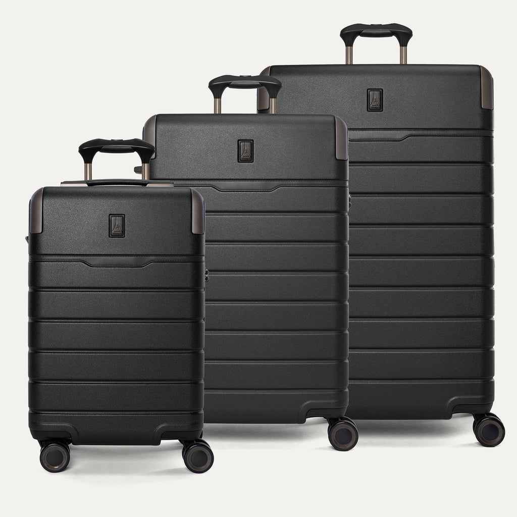 Travelpro Platinum Reserve Carry-On / Medium / Large Hardside Set in Black Dust, all three pieces shown together