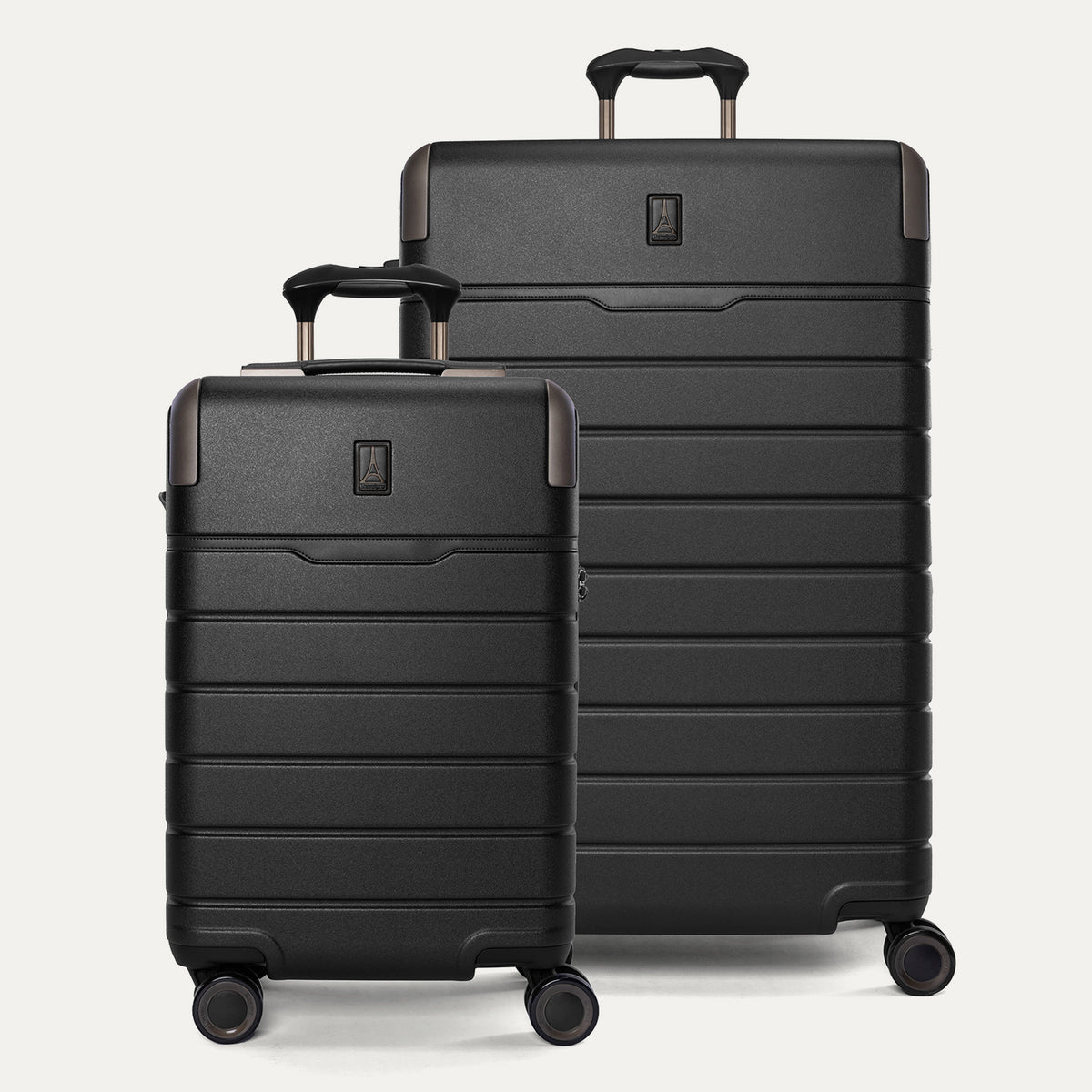 Travelpro Platinum Reserve Carry-On / Large Check-In Hardside Set in Black Dust, both pieces shown together