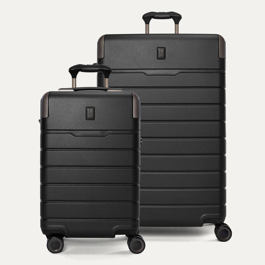 Travelpro Platinum Reserve Carry-On / Large Check-In Hardside Set in Black Dust, both pieces shown together