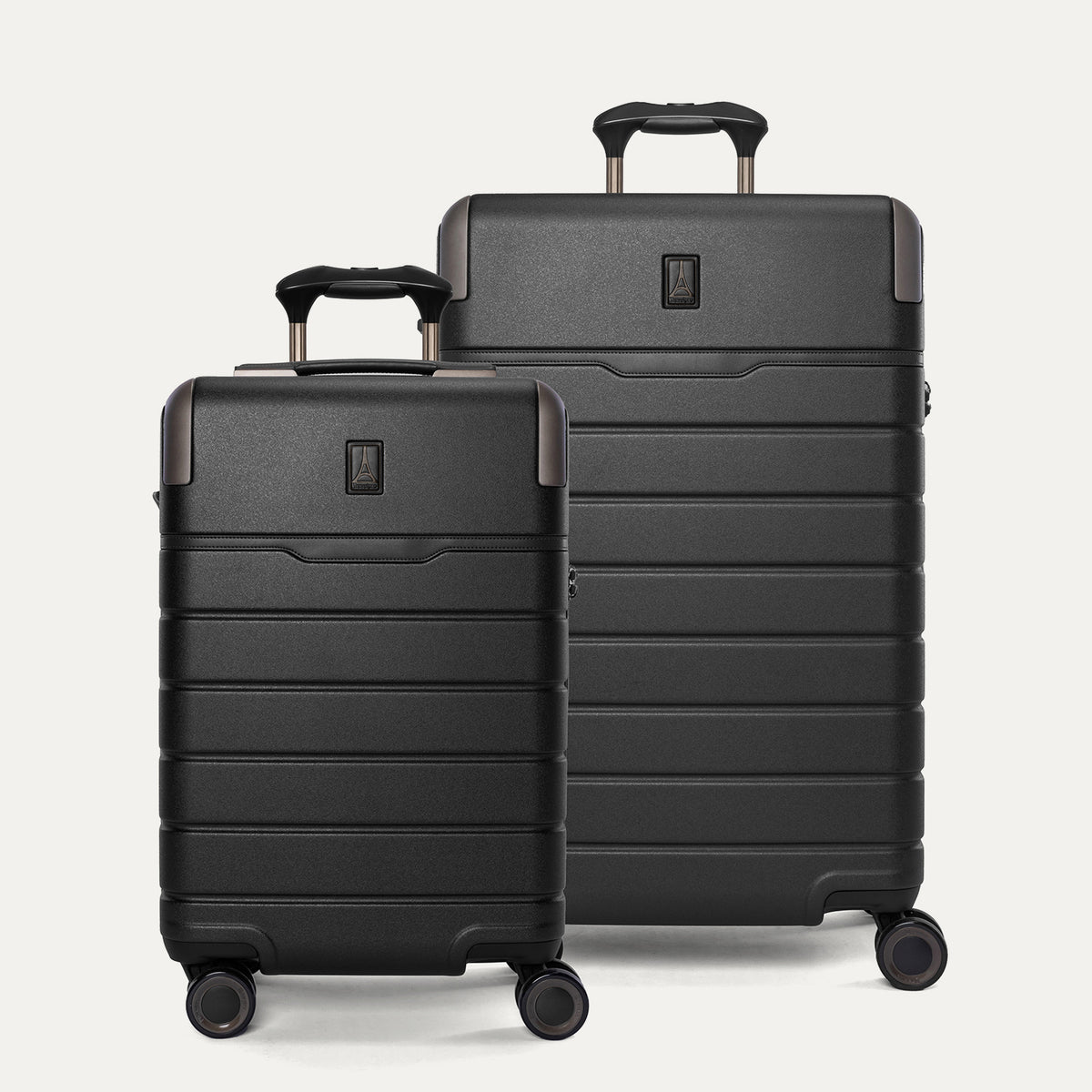 Travelpro Platinum Reserve Carry-On / Medium Check-In Hardside Set in Black Dust, both pieces shown together