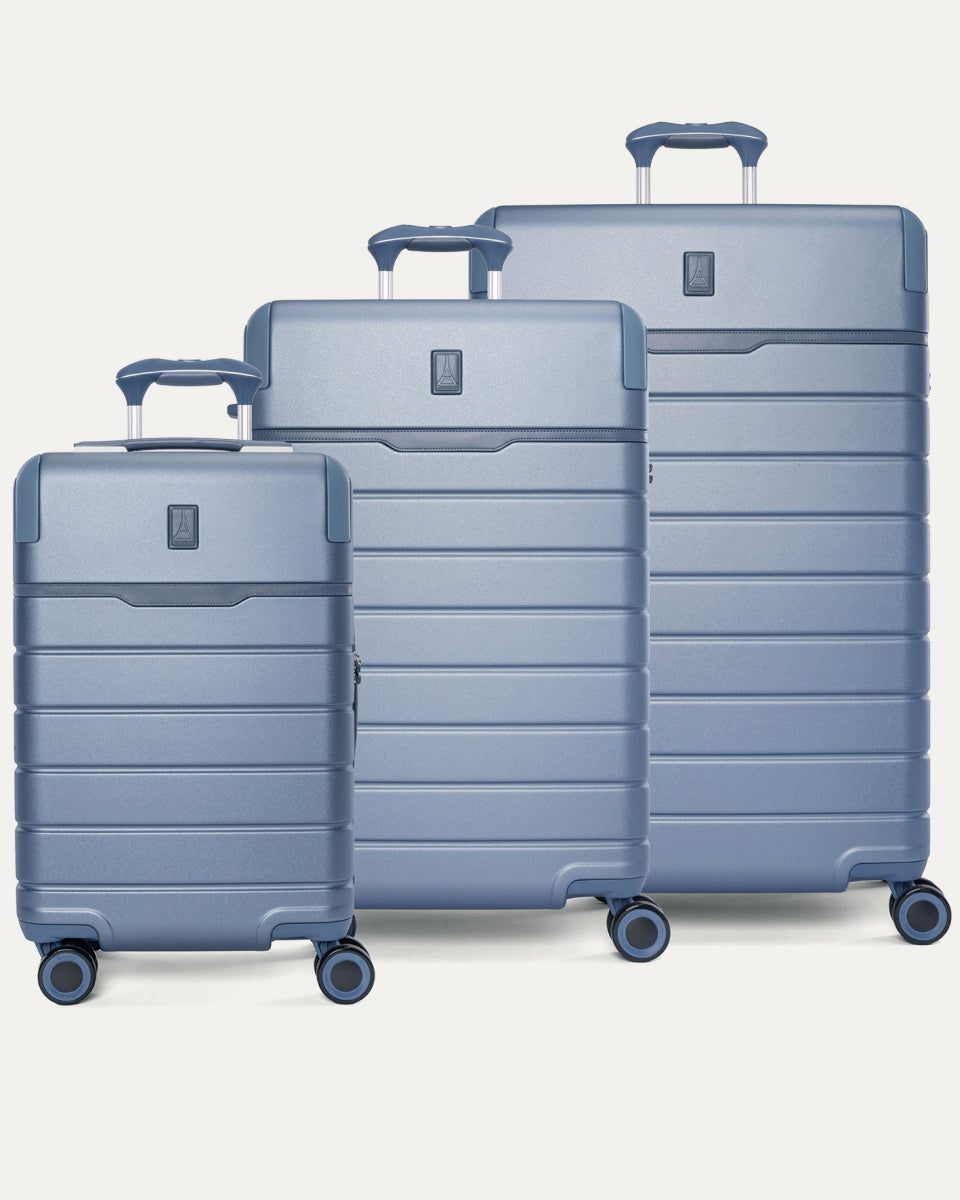 Travelpro Platinum Reserve Carry-On / Medium / Large Hardside Set in Steel Blue, all three pieces shown together