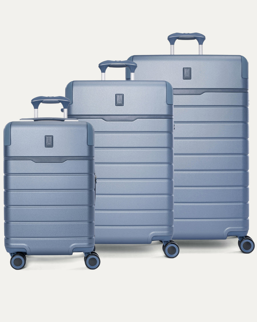 Travelpro Platinum Reserve Carry-On / Medium / Large Hardside Set in Steel Blue, all three pieces shown together