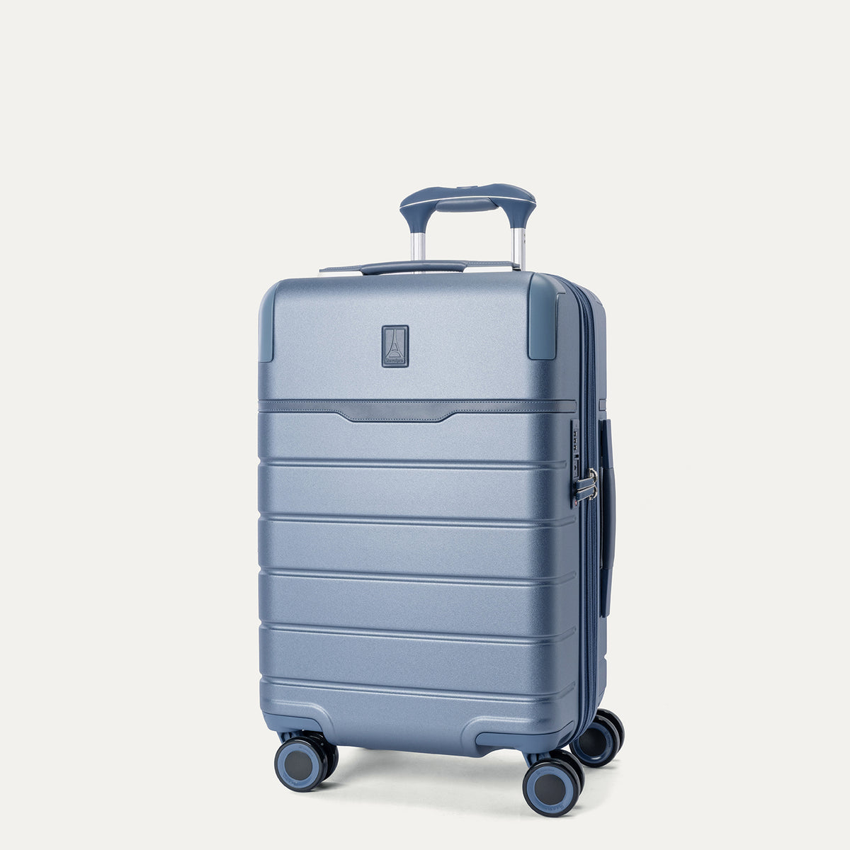 Three-quarter front view of the Carry-On from the Travelpro Platinum Reserve Carry-On / Medium / Large Hardside Set in Steel Blue