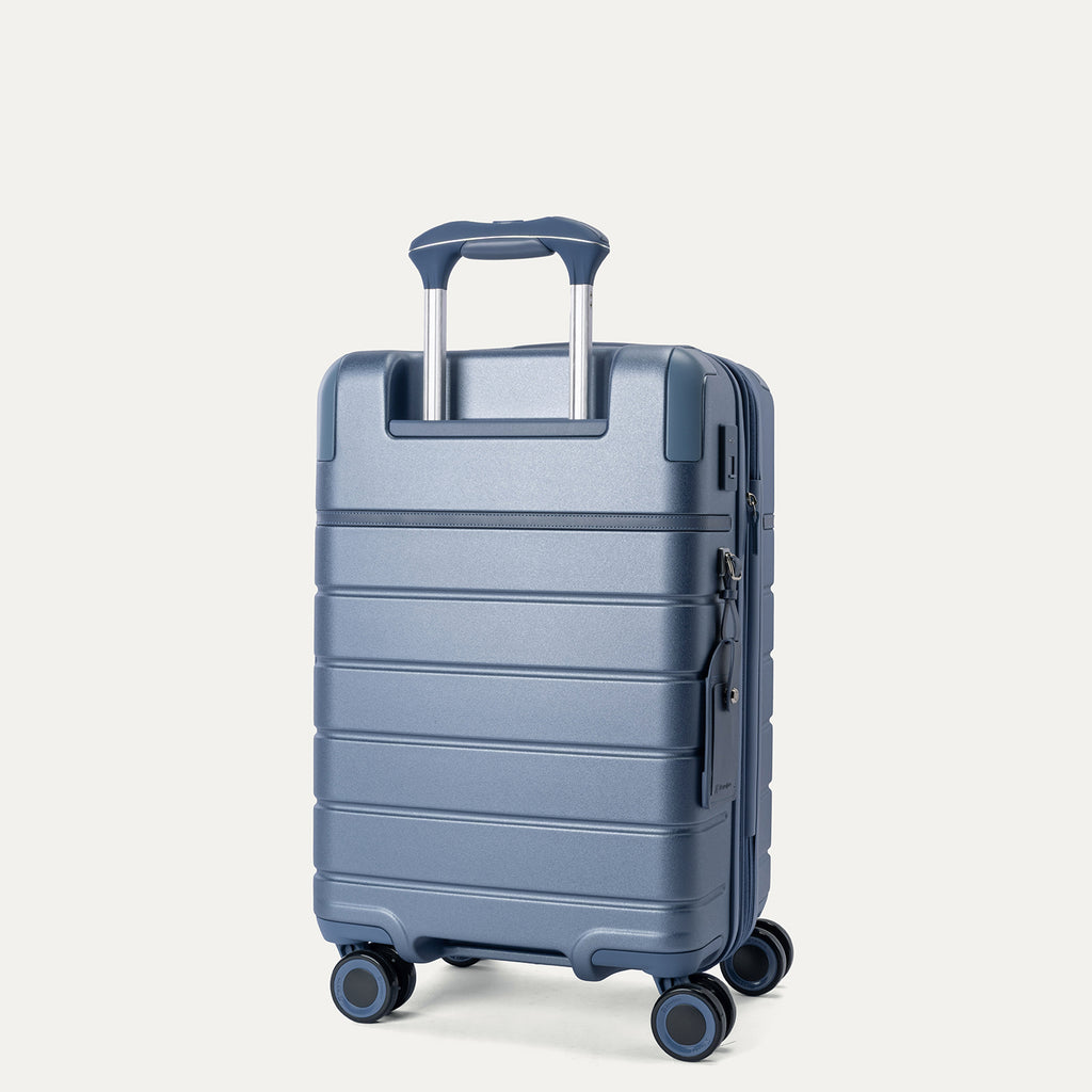 Rear angled view of the Carry-On from the Travelpro Platinum Reserve Carry-On / Medium / Large Hardside Set in Steel Blue