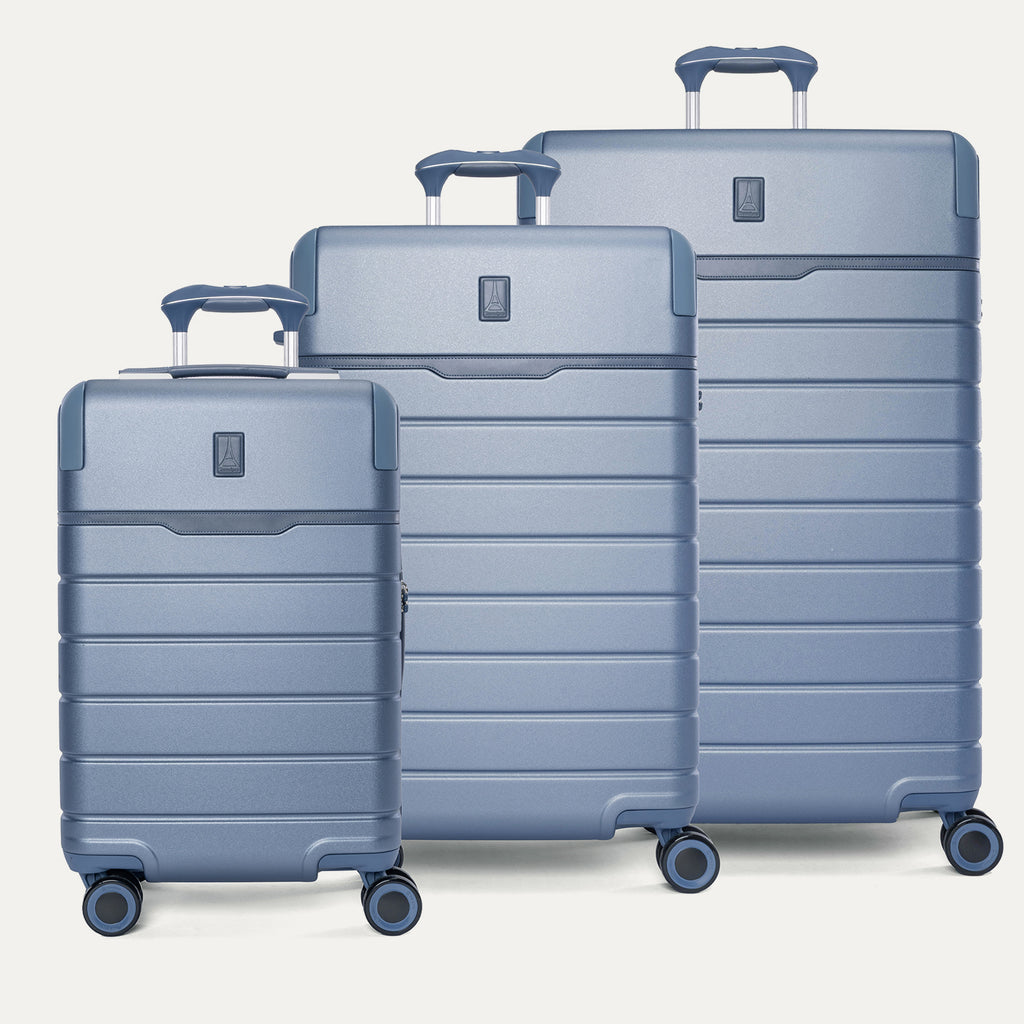 Travelpro Platinum Reserve Carry-On / Medium / Large Hardside Set in Steel Blue, all three pieces shown together