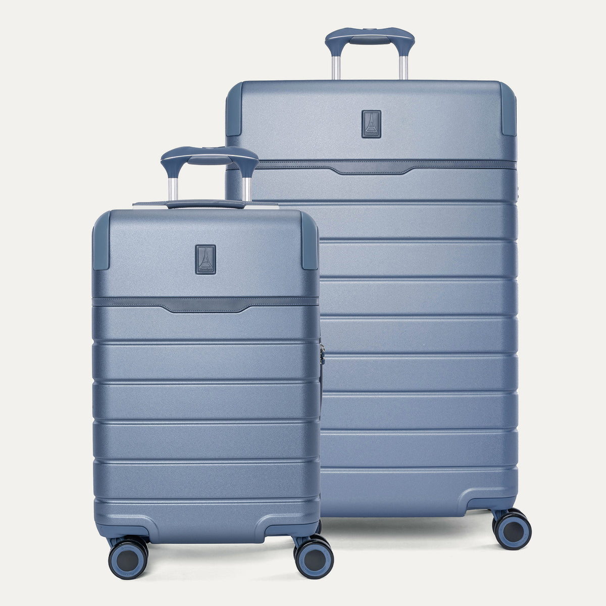 Travelpro Platinum Reserve Carry-On / Large Check-In Hardside Set in Steel Blue, both pieces shown together