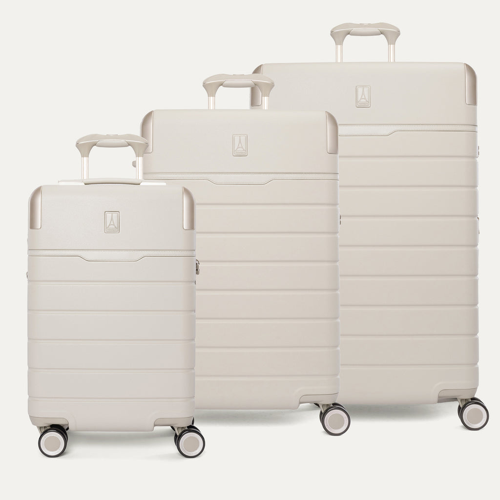 Travelpro Platinum Reserve Carry-On / Medium / Large Hardside Set in Sandstone, all three pieces shown together
