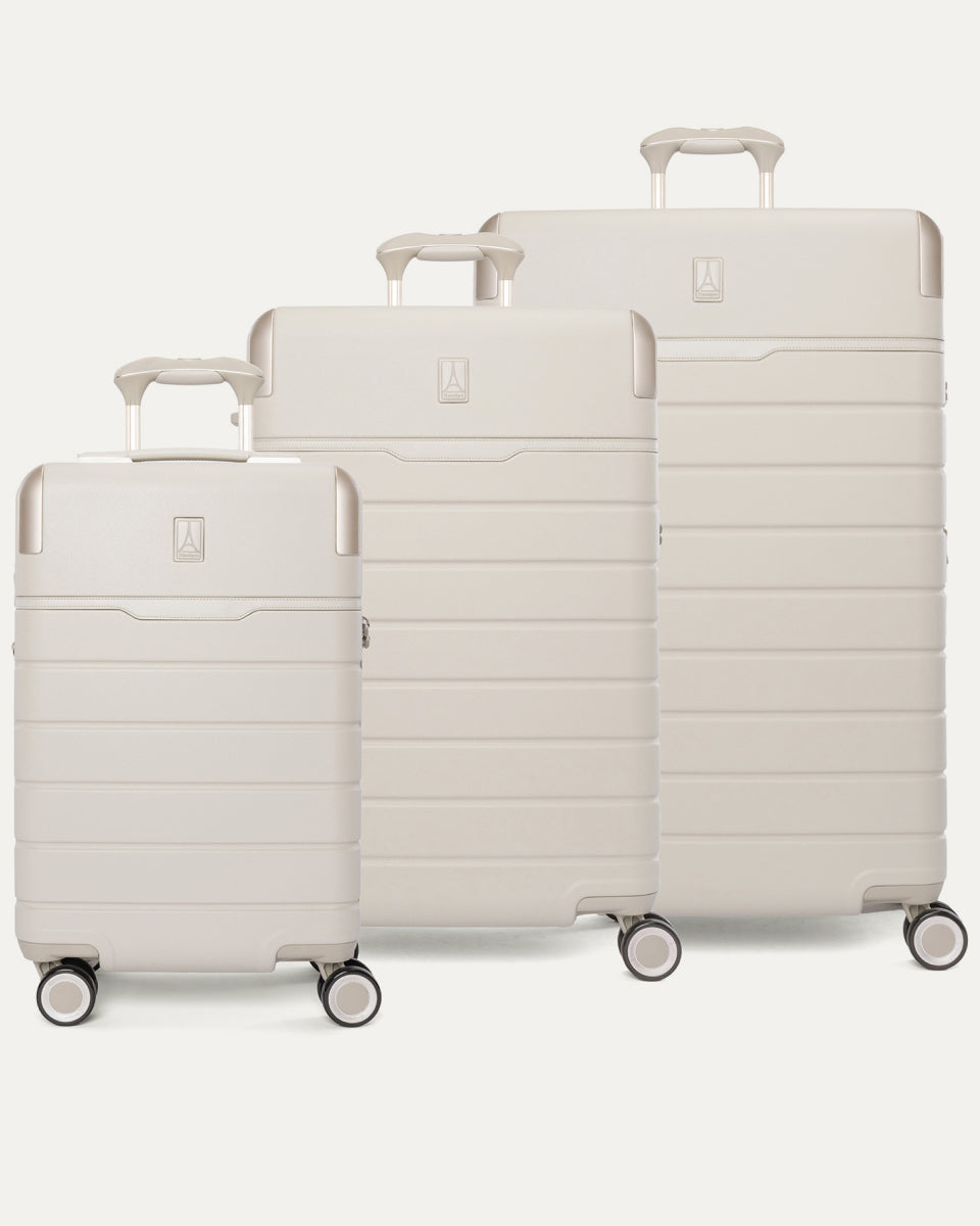 Travelpro Platinum Reserve Carry-On / Medium / Large Hardside Set in Sandstone, all three pieces shown together