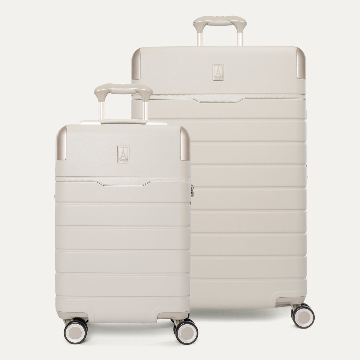 Travelpro Platinum Reserve Carry-On / Large Check-In Hardside Set in Sandstone, both pieces shown together