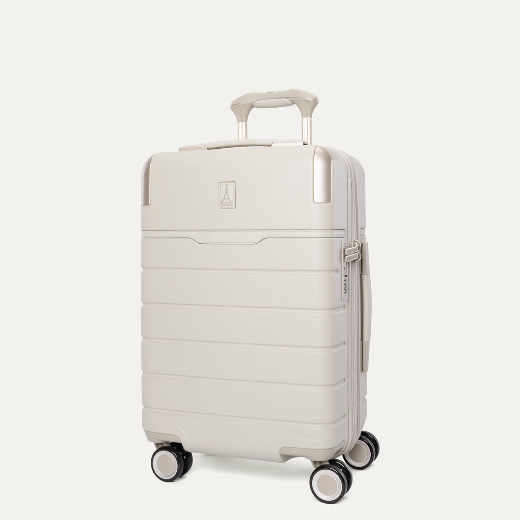 Three-quarter front view of the Carry-On from the Travelpro Platinum Reserve Carry-On / Large Check-In Hardside Set in Sandstone