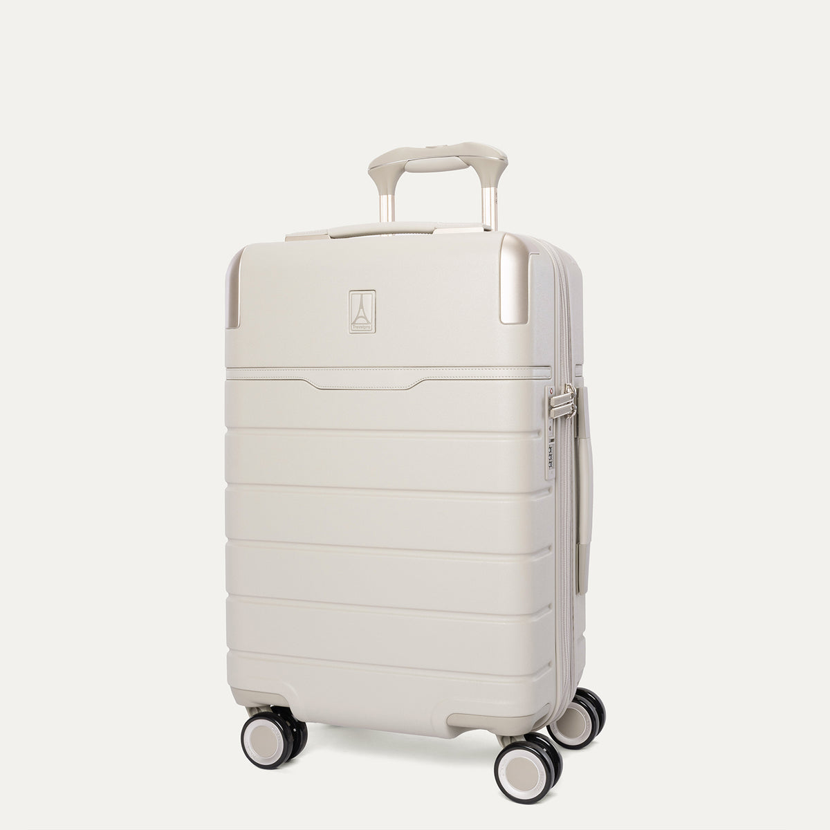 Three-quarter front view of the Carry-On from the Travelpro Platinum Reserve Carry-On / Large Check-In Hardside Set in Sandstone