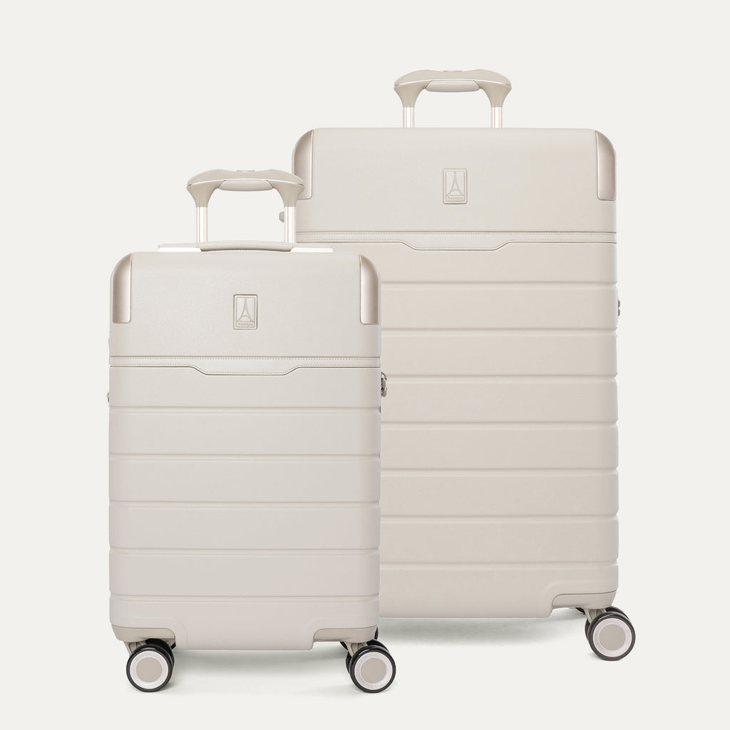 Travelpro Platinum Reserve Carry-On / Medium Check-In Hardside Set in Sandstone, both pieces shown together
