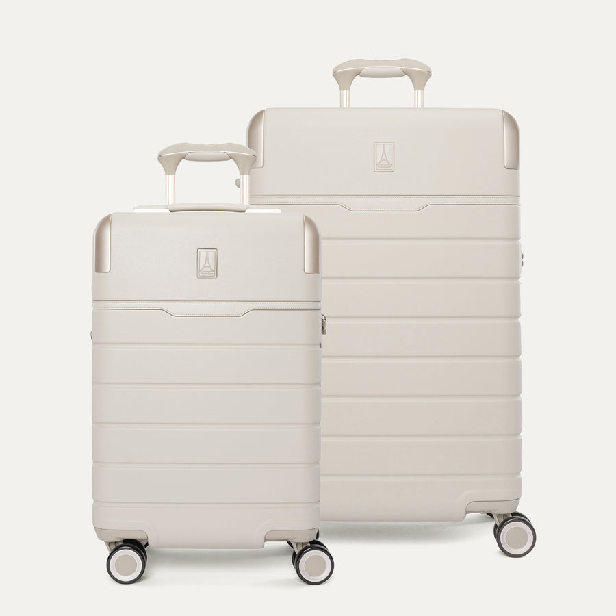 Travelpro Platinum Reserve Carry-On / Medium Check-In Hardside Set in Sandstone, both pieces shown together
