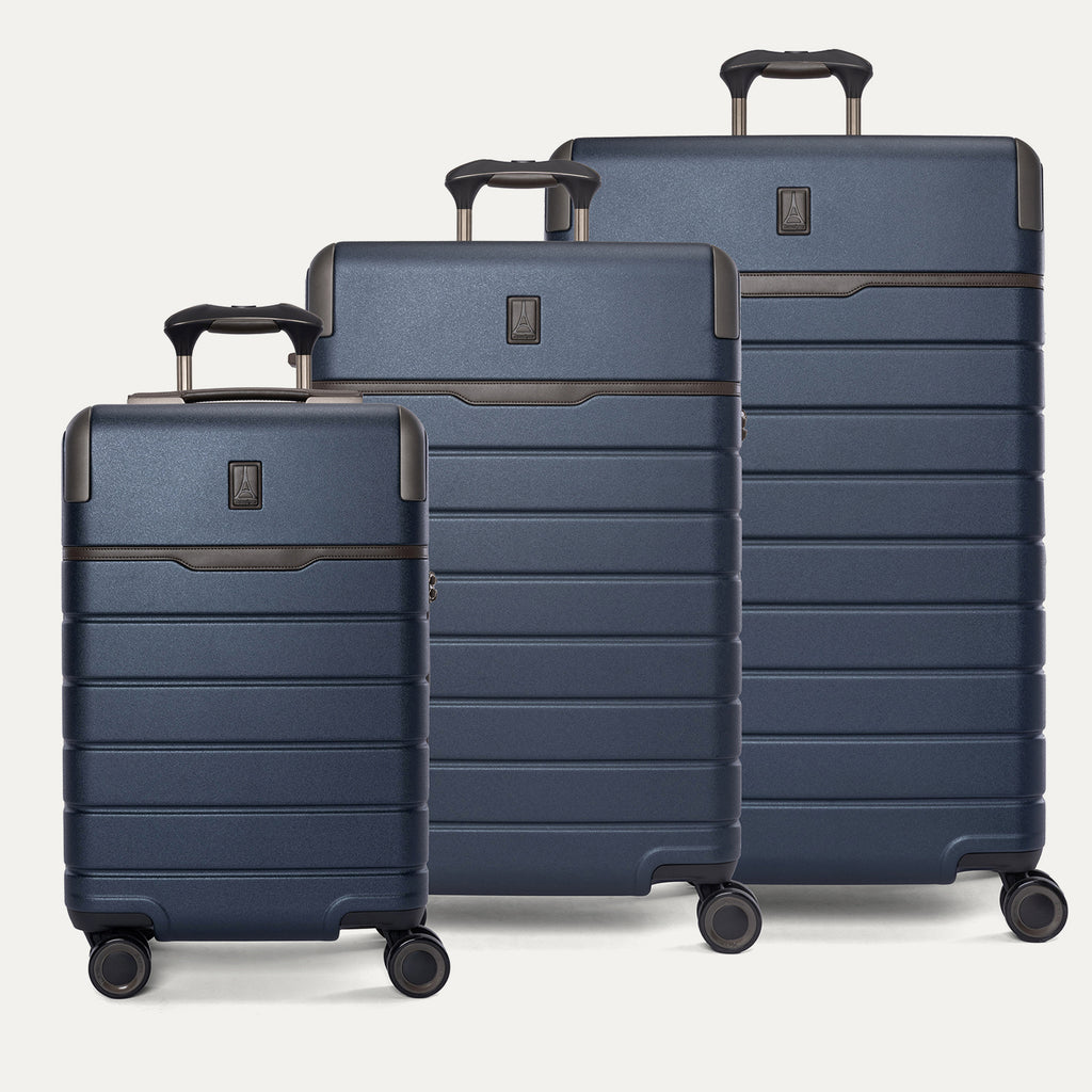 Travelpro Platinum Reserve Carry-On / Medium / Large Hardside Set in Midnight Trail, all three pieces shown together