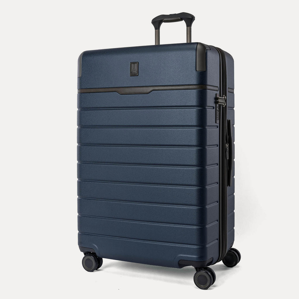 Three-quarter front view of the Large Check-In from the Travelpro Platinum Reserve Carry-On / Medium / Large Hardside Set in Midnight Trail