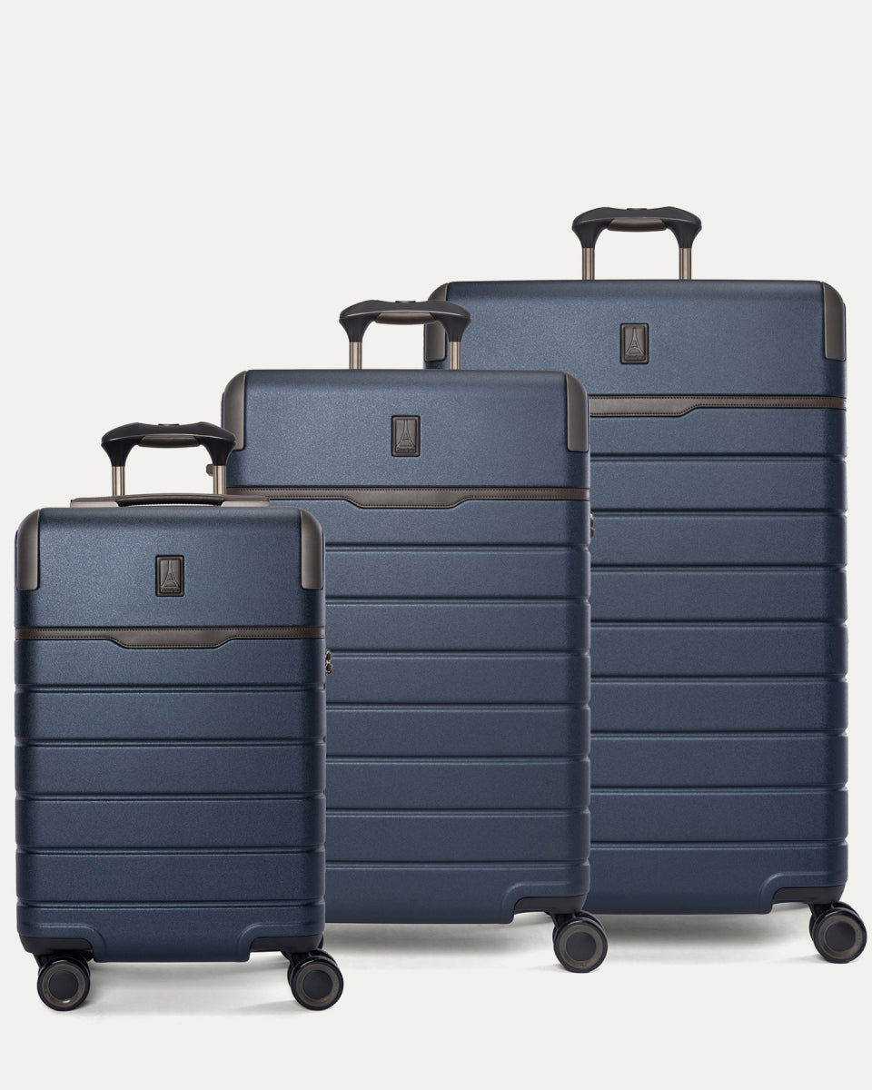 Travelpro Platinum Reserve Carry-On / Medium / Large Hardside Set in Midnight Trail, all three pieces shown together