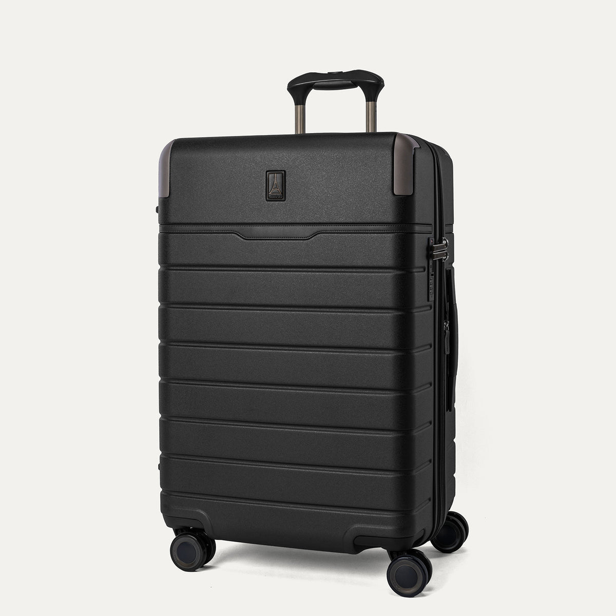 Three-quarter front view of the Medium Check-In from the Travelpro Platinum Reserve Medium / Large Check-In Hardside Set in Black Dust