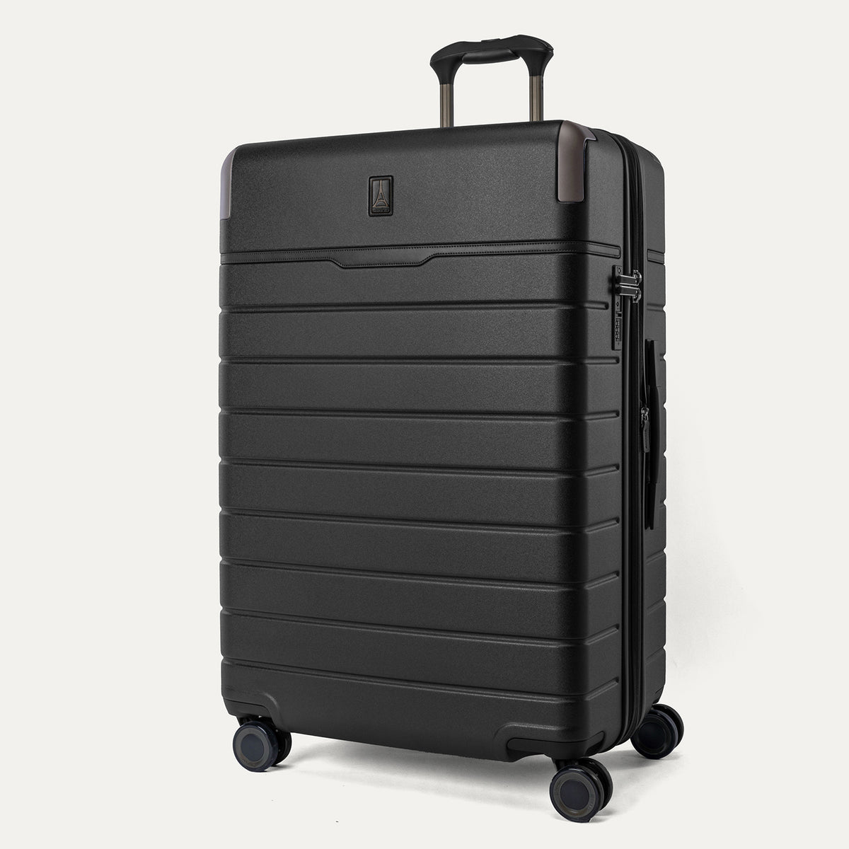 Three-quarter front view of the Large Check-In from the Travelpro Platinum Reserve Medium / Large Check-In Hardside Set in Black Dust