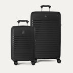 Side-by-side view of the Optima Expandable Compact Carry-On and Large Check-In suitcases in Black, displayed on a light gray background to highlight the size difference between the two pieces.