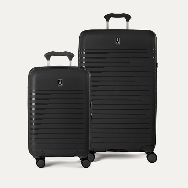 Side-by-side view of the Optima Expandable Compact Carry-On and Large Check-In suitcases in Black, displayed on a light gray background to highlight the size difference between the two pieces.