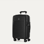 Three-quarter view of the Optima Expandable Compact Carry-On hardside spinner in Black, showcasing the sleek textured exterior, telescoping handle, and smooth-rolling spinner wheels.
