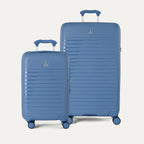 Side-by-side view of the Optima Expandable Compact Carry-On and Large Check-In suitcases in Horizon Blue, displayed on a light gray background to highlight the size difference between the two pieces.