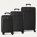 Side-by-side view of the Optima Expandable Carry-On, Medium, and Large Check-In suitcases in Black, displayed on a white background to highlight the size difference across the three-piece set.