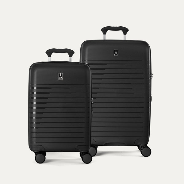 Side-by-side view of the Optima Expandable Carry-On and Medium Check-In suitcases in Black, displayed on a neutral background to highlight the size difference across the two-piece set.