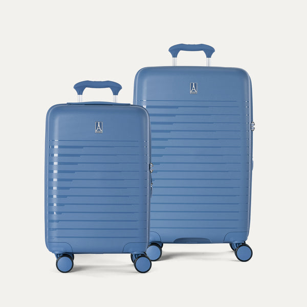 Side-by-side view of the Optima Expandable Carry-On and Medium Check-In suitcases in Horizon Blue, displayed on a neutral background to highlight the size difference across the two-piece set.