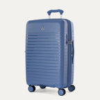 Three-quarter view of the Optima Expandable Medium Check-In hardside spinner in Horizon Blue, showcasing the durable textured exterior, telescoping handle, and multi-directional spinner wheels.