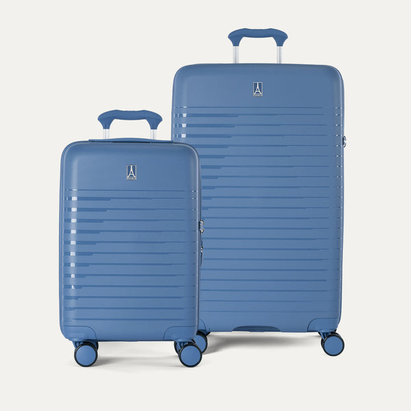 Side-by-side view of the Optima Expandable Carry-On and Large Check-In suitcases in Horizon Blue, displayed on a neutral background to highlight the size difference across the two-piece set.