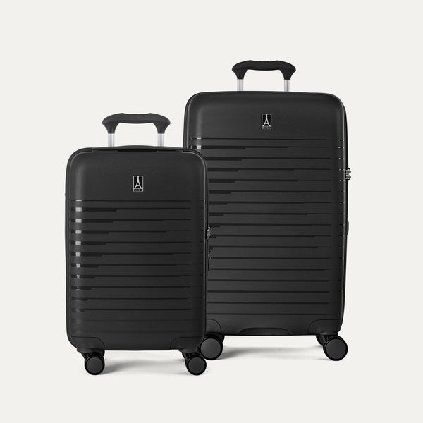 Side-by-side view of the Optima Expandable Compact Carry-On and Medium Check-In suitcases in Black, displayed on a light gray background to highlight the size difference between the two pieces.