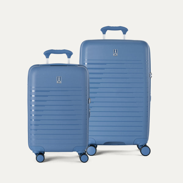 Side-by-side view of the Optima Expandable Compact Carry-On and Medium Check-In suitcases in Horizon Blue, displayed on a light gray background to highlight the size difference between the two pieces.