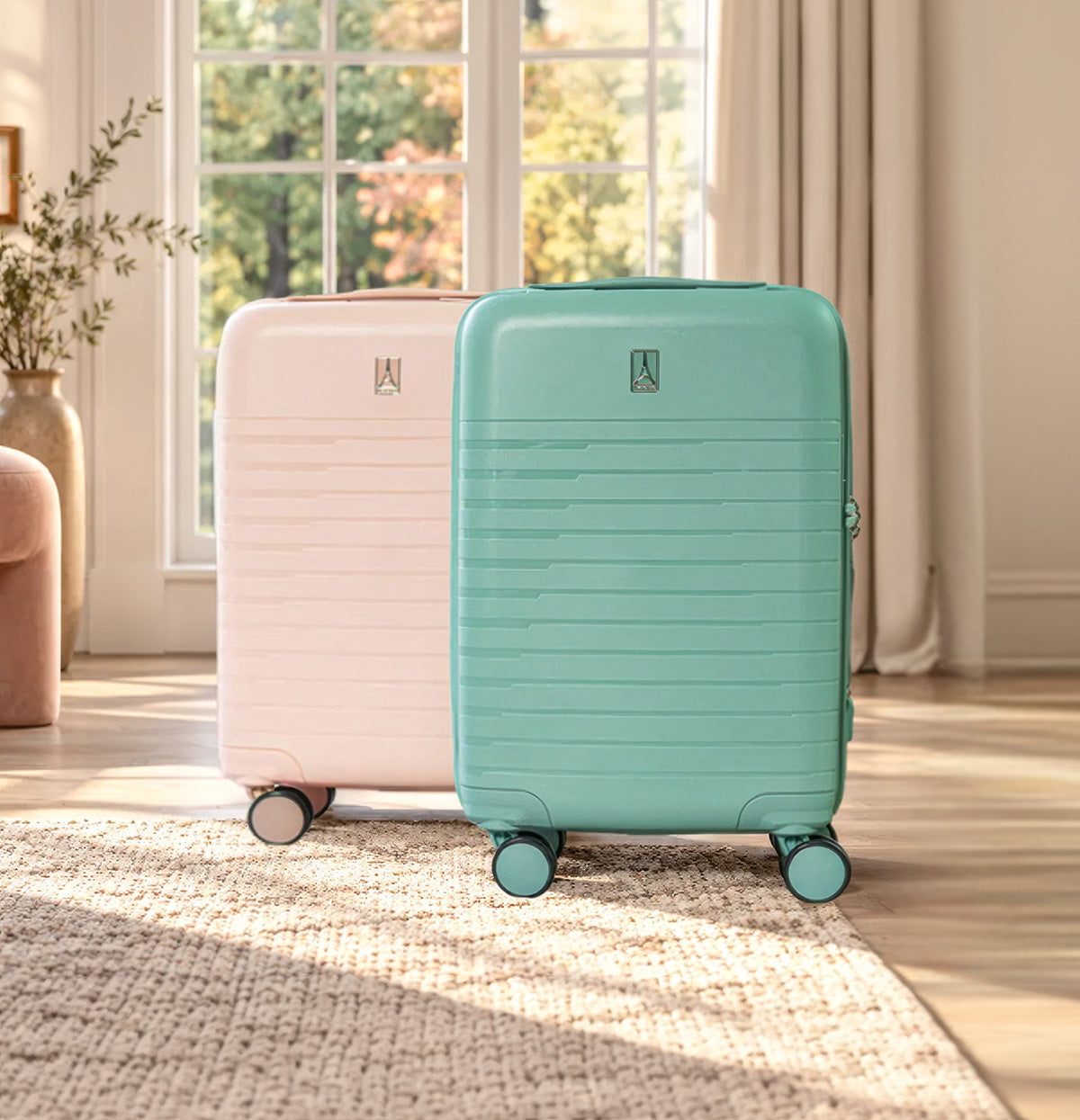 pink and green carry on luggage