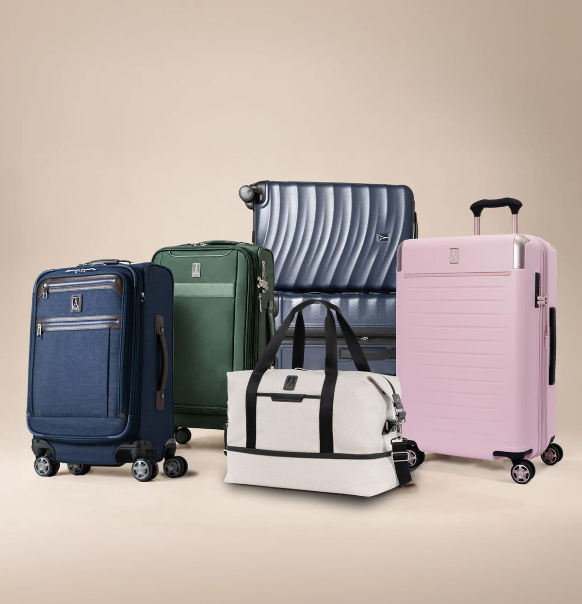 Luggage finder quiz: Travelpro suitcases and a duffel in navy, green, cream, and pink