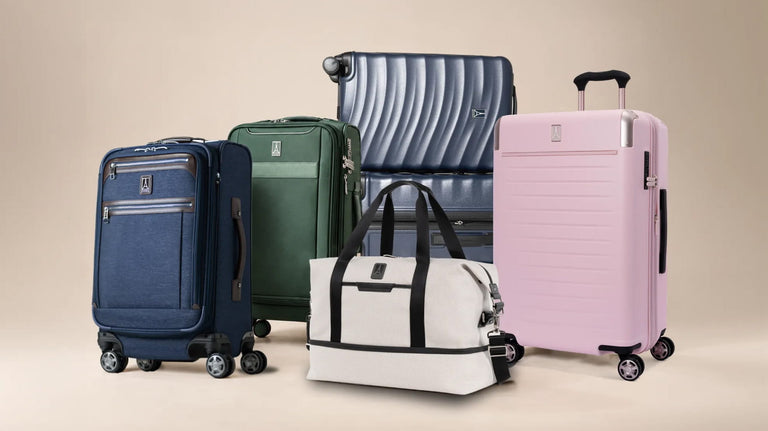 Luggage finder quiz: Travelpro suitcases and a duffel in navy, green, cream, and pink