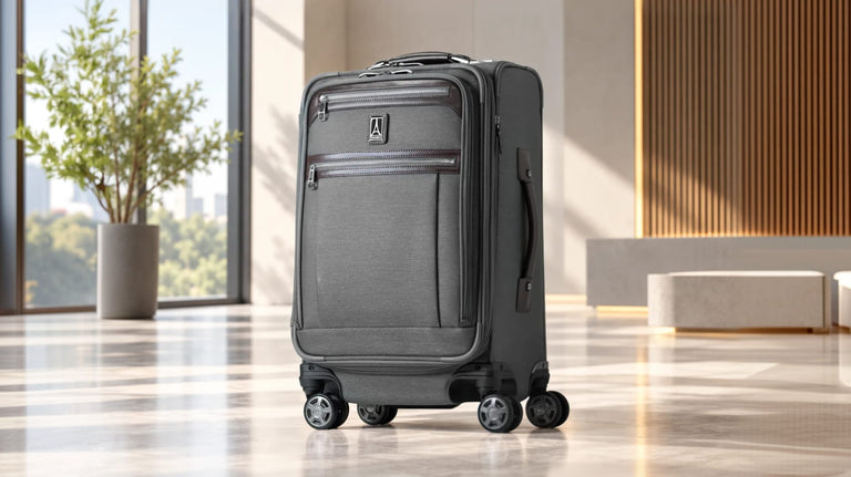 Platinum Elite carry-on spinner in Vintage Gray in a sunlit lobby