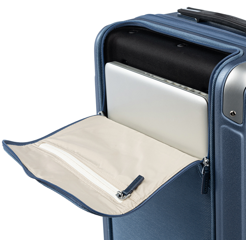 exterior luggage pocket with laptop inside