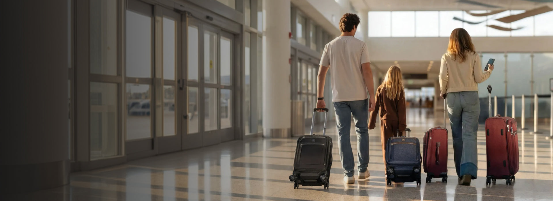 Family of three with luggage walking through an airport terminal.