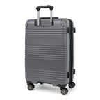 Rear view of the Travelpro Roundtrip Medium Check-In Expandable Spinner in Gunmetal Gray, showing the textured hardshell design with horizontal ridges, black telescoping handle, and four multi-directional wheels against a clean white background.
