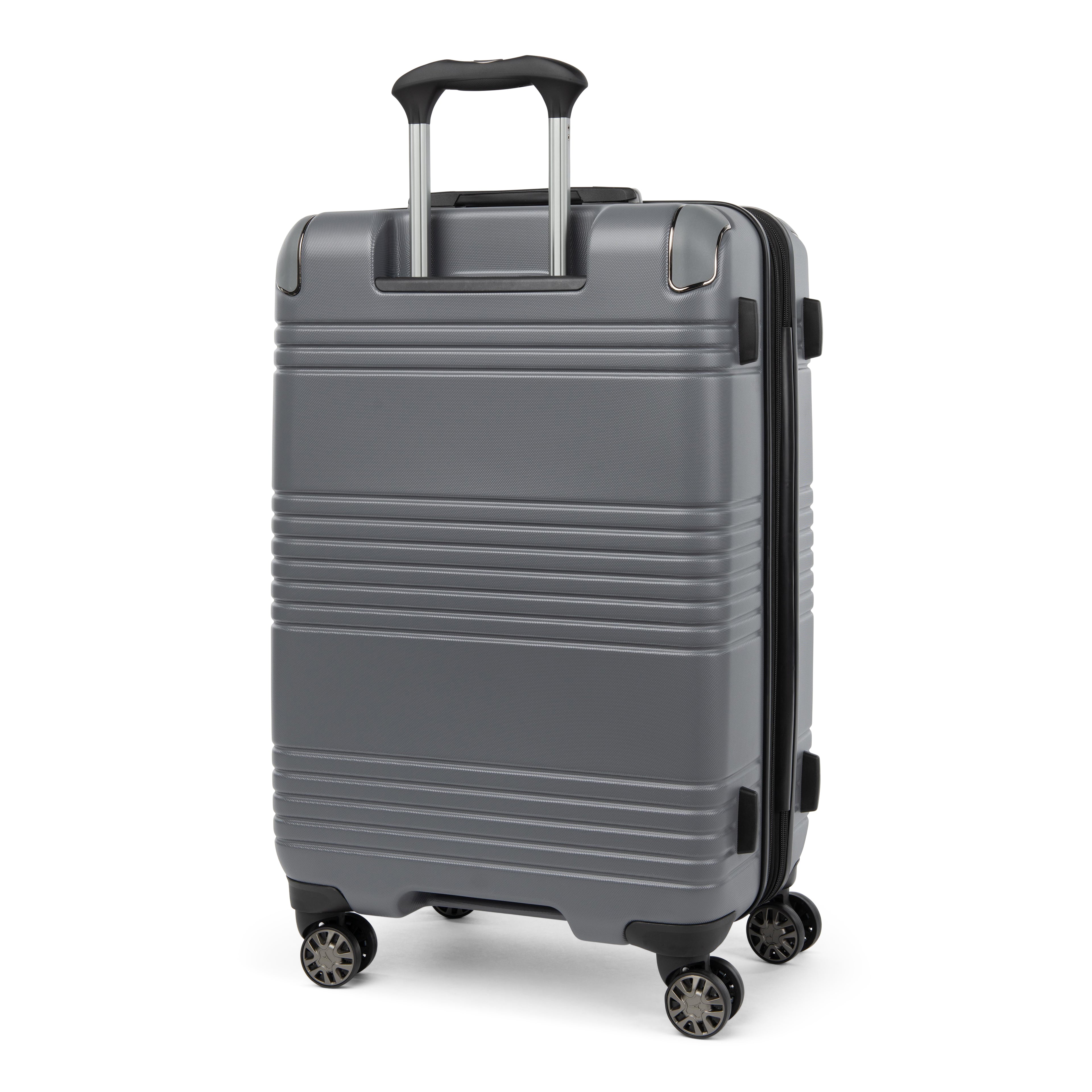 Rear view of the Travelpro Roundtrip Medium Check-In Expandable Spinner in Gunmetal Gray, showing the textured hardshell design with horizontal ridges, black telescoping handle, and four multi-directional wheels against a clean white background.