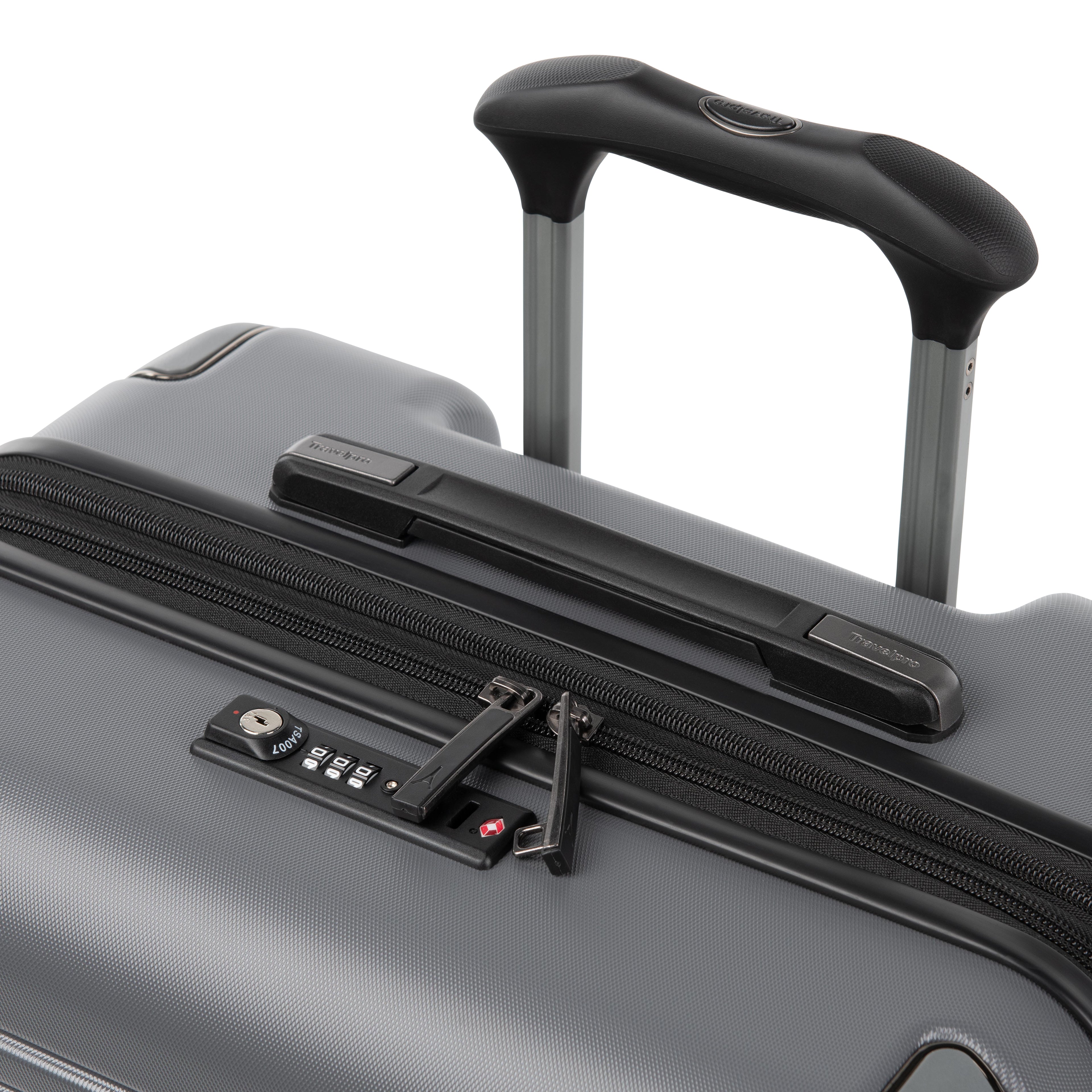 Close-up of a Gunmetal grey hard-shell suitcase with an extended black telescoping handle, top carry handle, zipper, and combination lock on a white background.